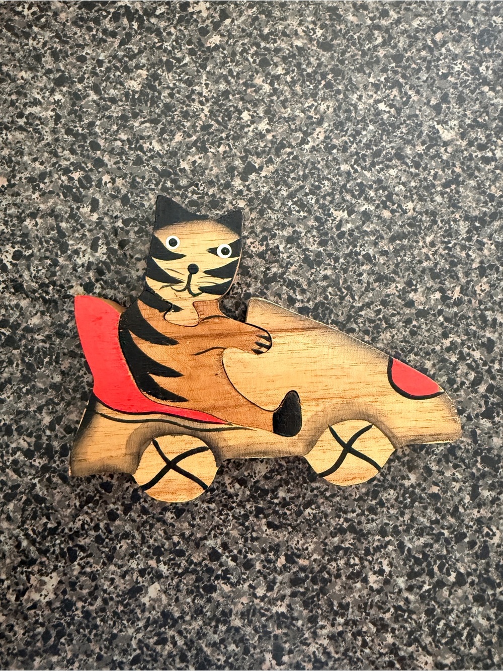 Vintage Handmade Wooden Cat in Car Figurine puzzle - Natural Wood & Red Accents